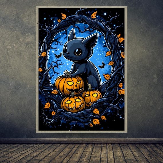 Black Cat Halloween Print Spooky Pumpkin Gothic Home Decor