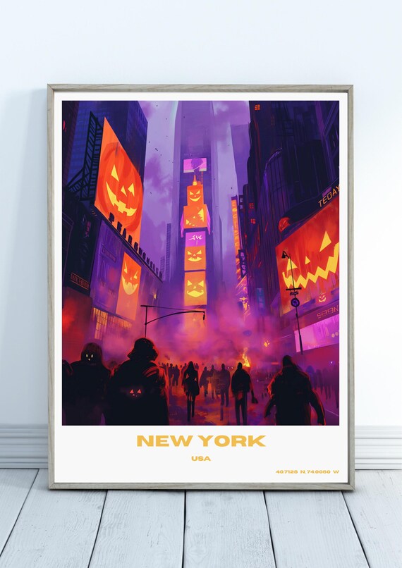 New York Halloween Night Times Square Pumpkins Illustrated Poster