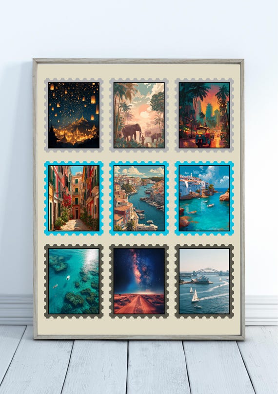 Travel Stamp Art Print Thailand Australia Spain Menorca Poster Home Decor