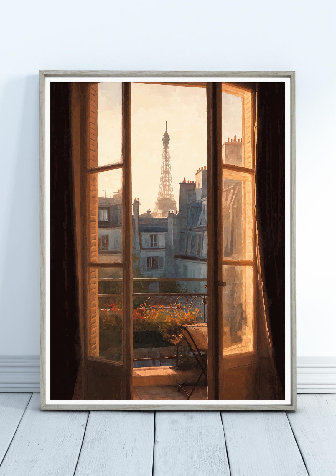 Paris Window View Eiffel Tower Golden Sunset Romantic Cityscape Poster