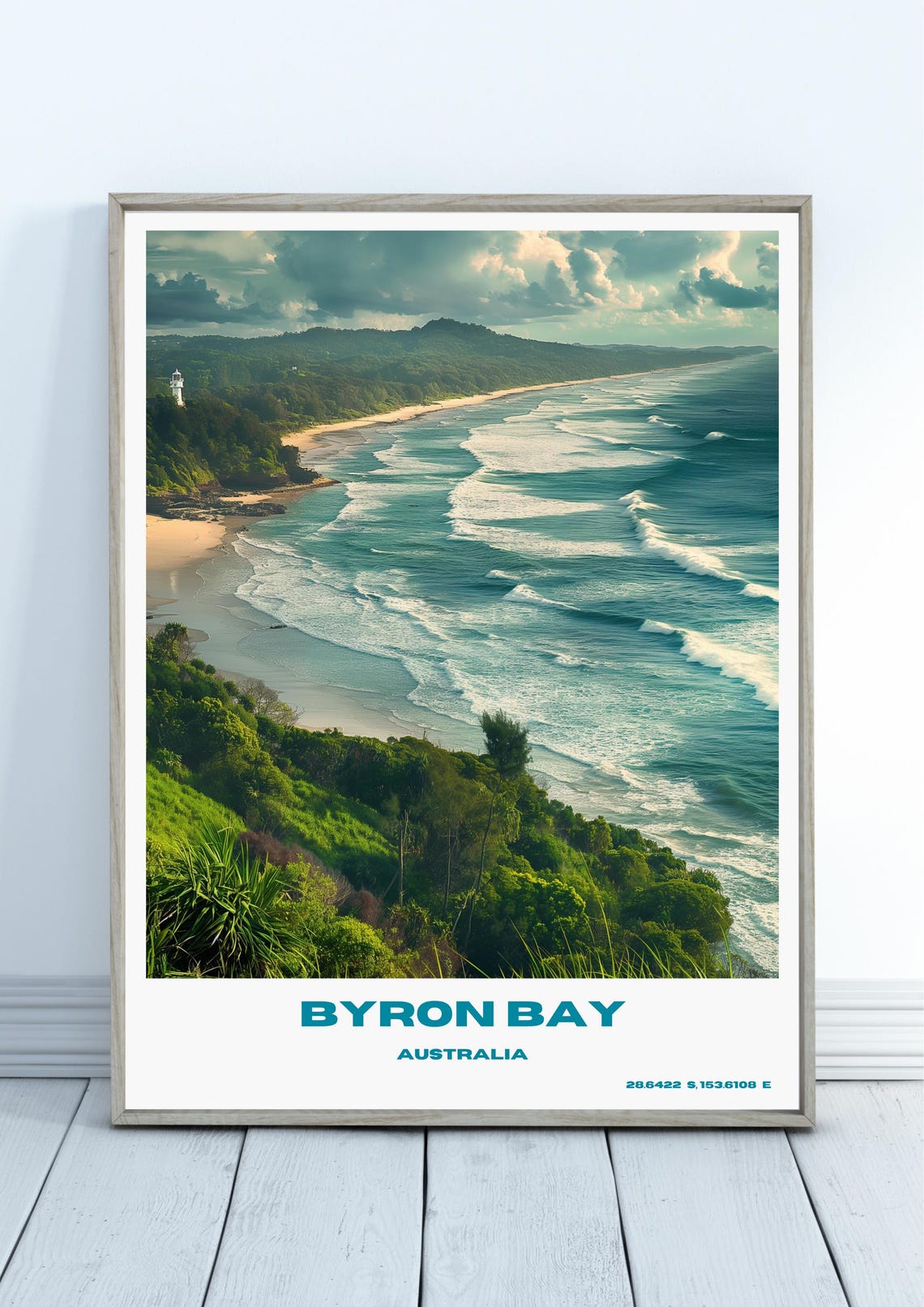 Sunny Byron Bay Australia Lighthouse Beach Waves Travel Poster
