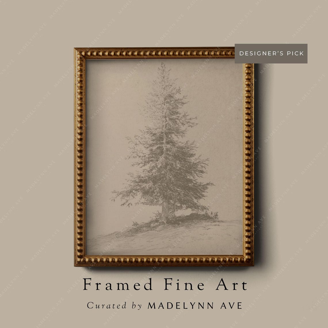 Vintage Style Pine Tree Gicle Art Print Framed Vertical Neutral Christmas Wall Art Subtle Moody Antiqued Winter Holiday Decor