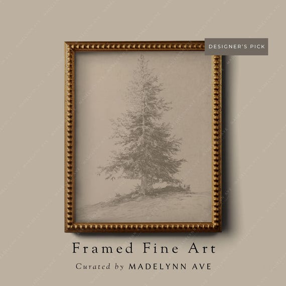 Vintage Style Pine Tree Gicle Art Print Framed Vertical Neutral Christmas Wall Art Subtle Moody Antiqued Winter Holiday Decor