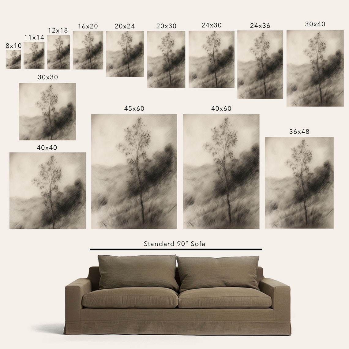 Framed Hillside Sketch Art Print Black White Antique Style Wall Art Drawing Giclee On Framed Or Paper Tree Landscape - Image 2