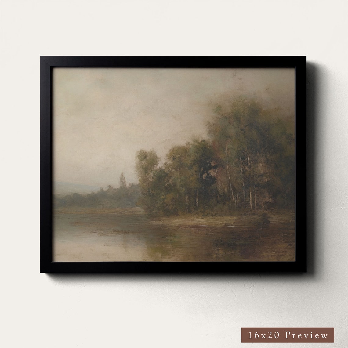 Framed Vintage Landscape Oil Painting Art Print Country Lakeside Cottage Style Moody Artwork Real Wood Frame Wall Art - Image 3