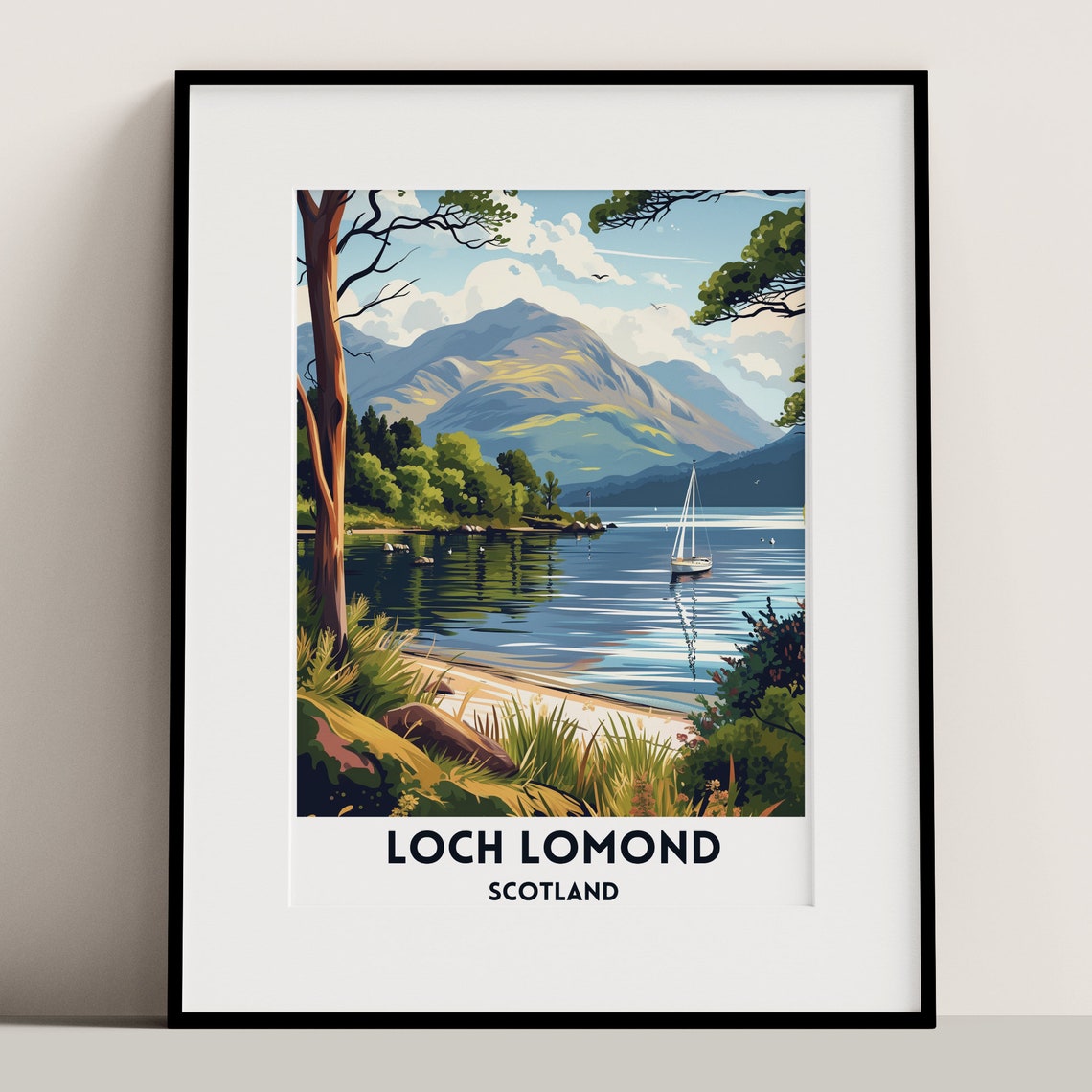 Loch Lomond Scotland Sailboat Calm Water Mountain Lake Travel Poster