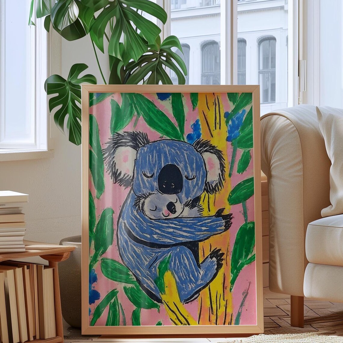 Blue Koala Mother Hugging Her Baby in a Flowering Tree Poster