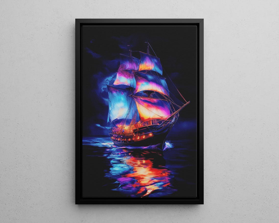 Illuminated Pirate Ship Night Sails Magical Nautical Art Poster