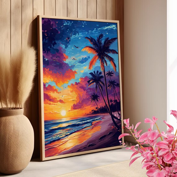 Vibrant Beach Sunset With Palm Trees Tropical Coastal Art Poster