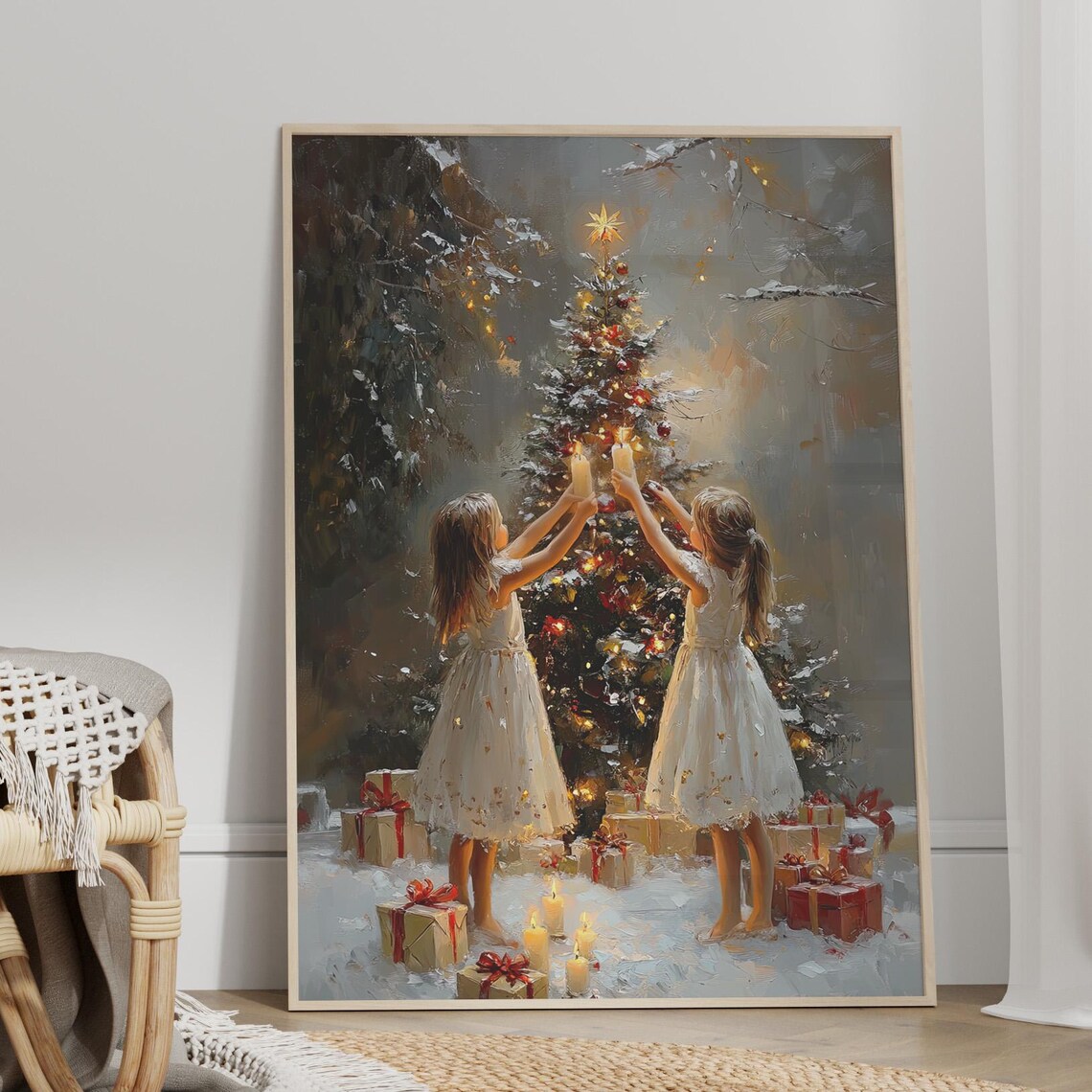 Two Girls Holding Candles By Christmas Tree Oil Painting Holiday Poster