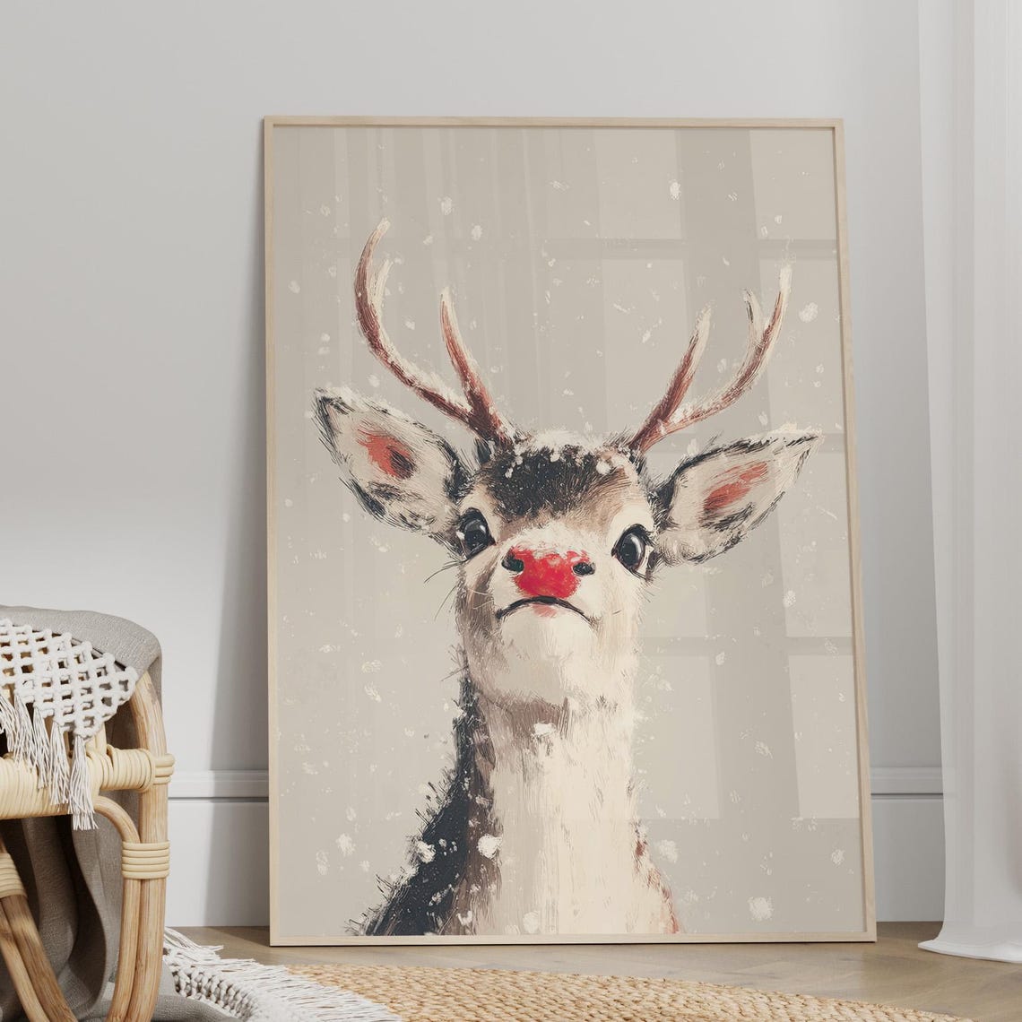 Red Nosed Reindeer Minimalist Snowy Christmas Holiday Poster