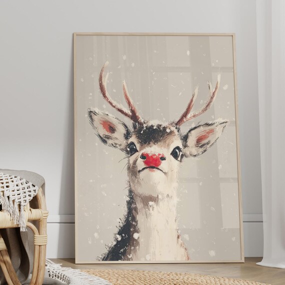 Red Nosed Reindeer Minimalist Snowy Christmas Holiday Poster