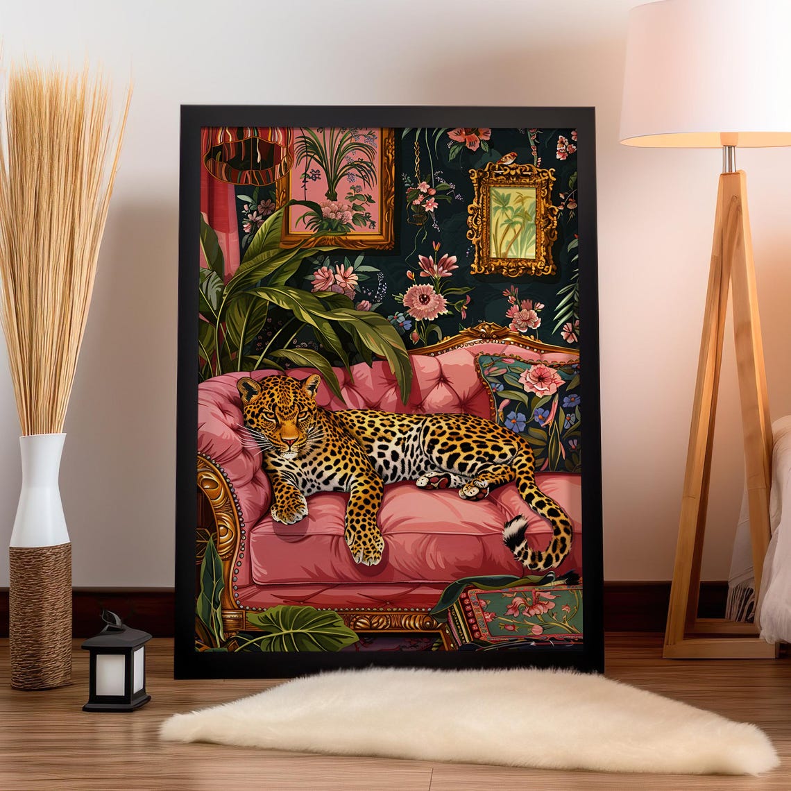 Leopard Lounging On A Pink Luxury Sofa Botanical Wall Art Poster Or Canvas Modern Jungle Living Room Decor Floral