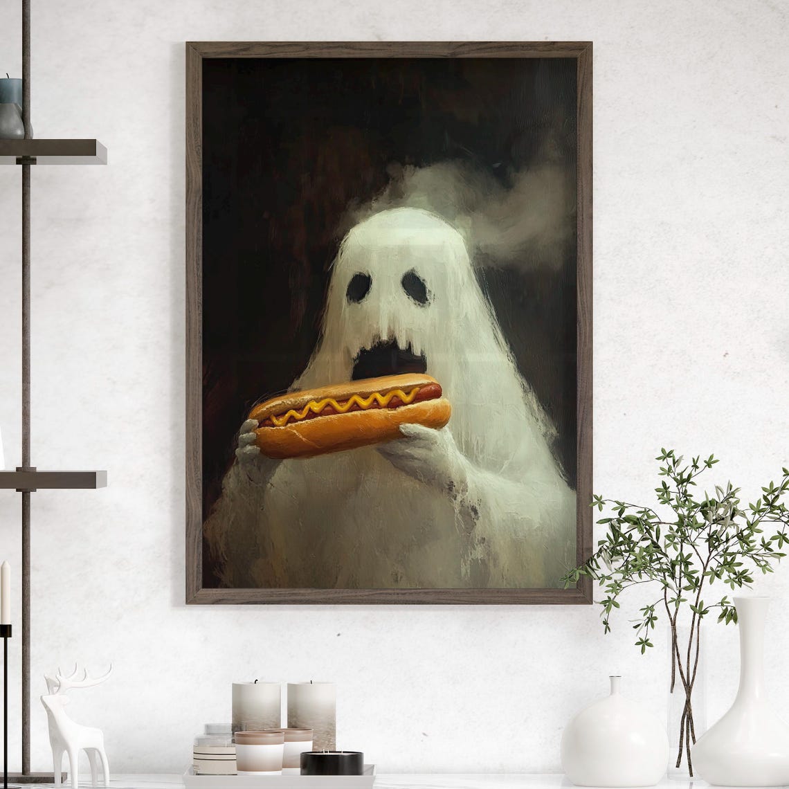 Cute Ghost Eating A Hot Dog Whimsical Vintage Halloween Art Poster