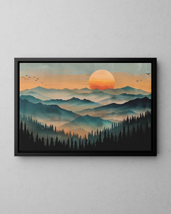 Abstract Mountain Nature Landscape Art Print Sunset Boho Wall Forest Mid Century Modern Moody Mountainscape Decor