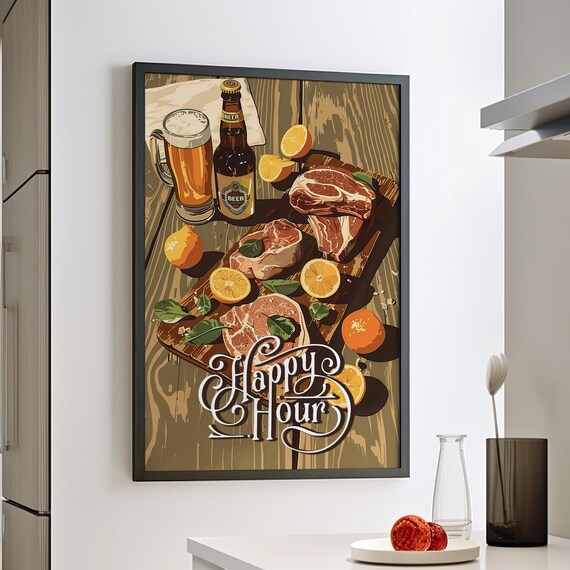 Happy Hour Food Art Vector Illustration Poster Or Canvas Print Rustic Retro Kitchen Decor Vintage Style