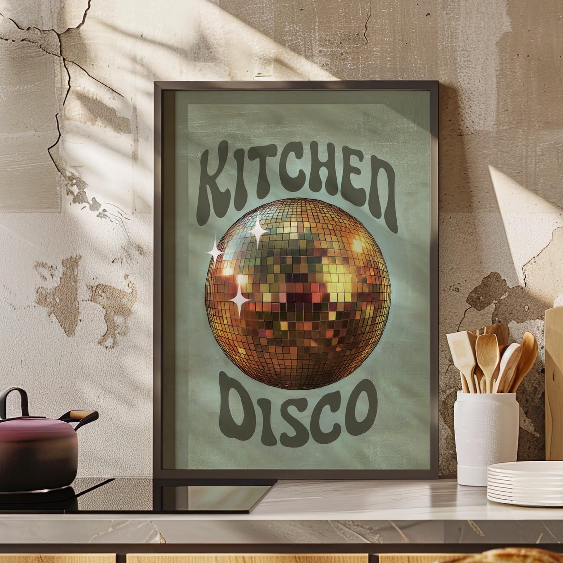 Kitchen Disco Retro Disco Ball Groovy Typography Kitchen Poster