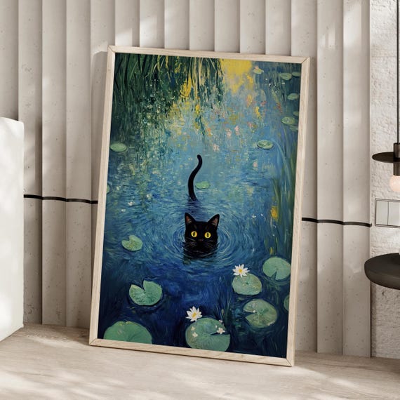 Black Cat Swimming In The Water Oil Painting Poster Or Canvas Print Monet Paintings Quirky Artwork Vintage