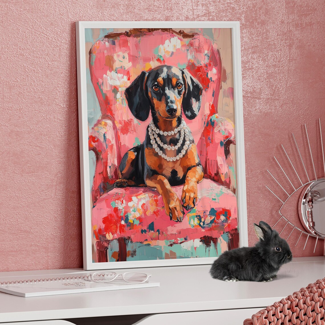 Dachshund Dog Wearing Pearls On Pink Floral Chair Oil Painting Print - Image 3