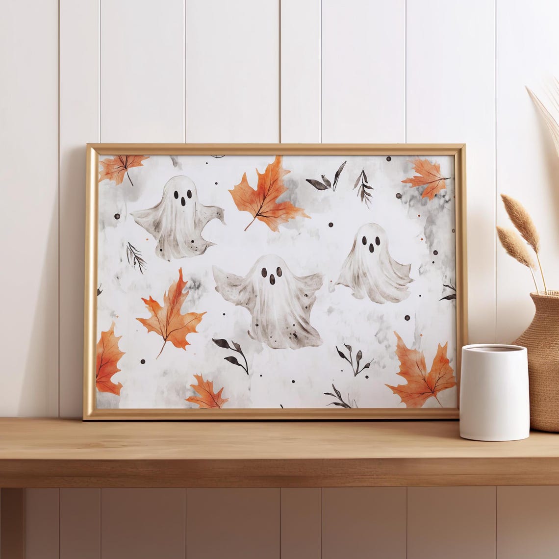 Cute Ghosts Among Autumn Leaves Whimsical Watercolor Halloween Poster