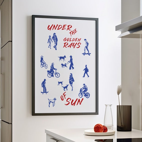 Outdoor Activities Blue Line Art Poster Or Canvas Print Minimalist Vintage Style Under The Golden Rays Of Sun Retro Abstract