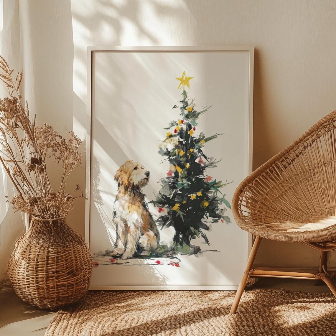 Fluffy Puppy Beside A Sparkling Christmas Tree Watercolor Poster