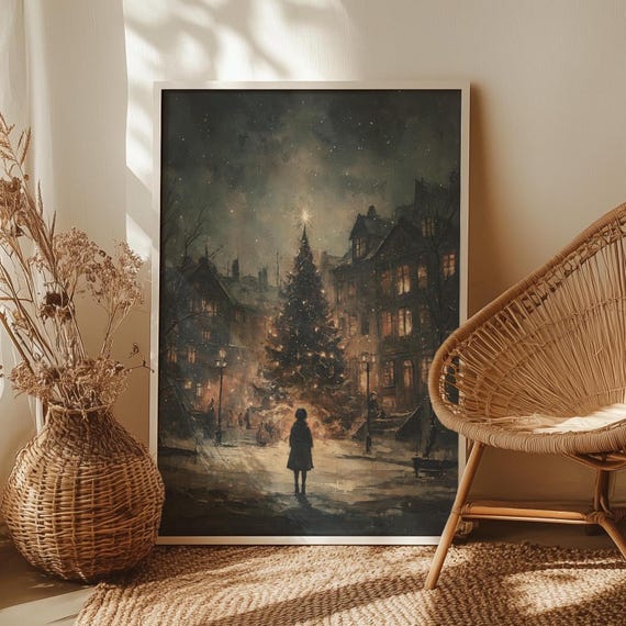 Christmas Eve Moody Wall Art Poster Or Canvas Print Vintage Holiday Scene The Night Before Snowy Landscape Dark Festive Decor