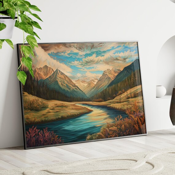 Grand Teton Mountain River Landscape Oil Painting Art Poster