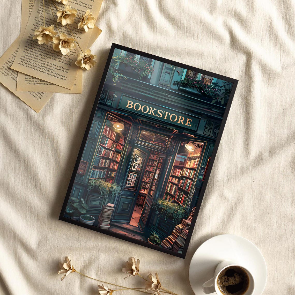 Vintage Bookstore Shopfront Night Book Lover Library Art Poster