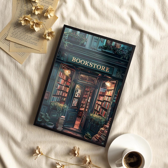 Vintage Bookstore Shopfront Night Book Lover Library Art Poster
