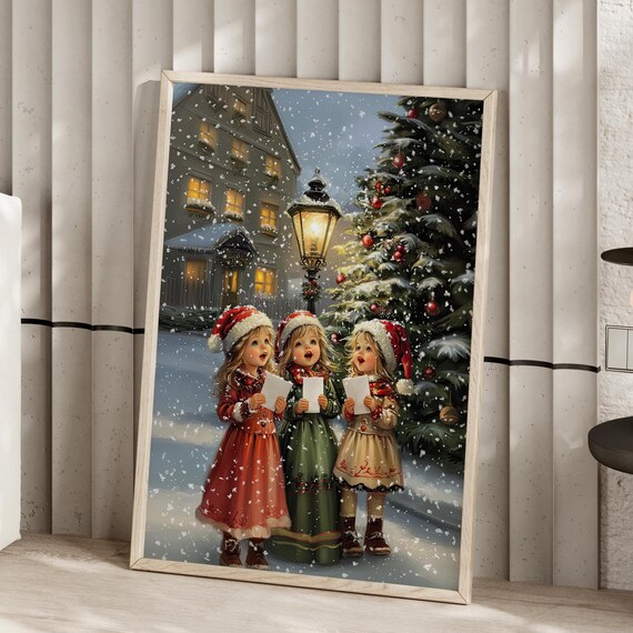 Three Christmas Carolers Singing in Snowy Town Holiday Art Print