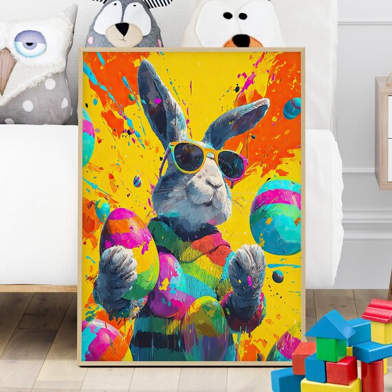 Cool Bunny With Sunglasses Easter Eggs Vibrant Pop Art Poster