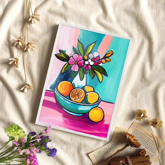 Colorful Fruit Bowl Still Life Painting Poster Or Canvas Print Henri Matisse Inspired Art Bold Outlines Flowers And Fruits Kitchen Decor