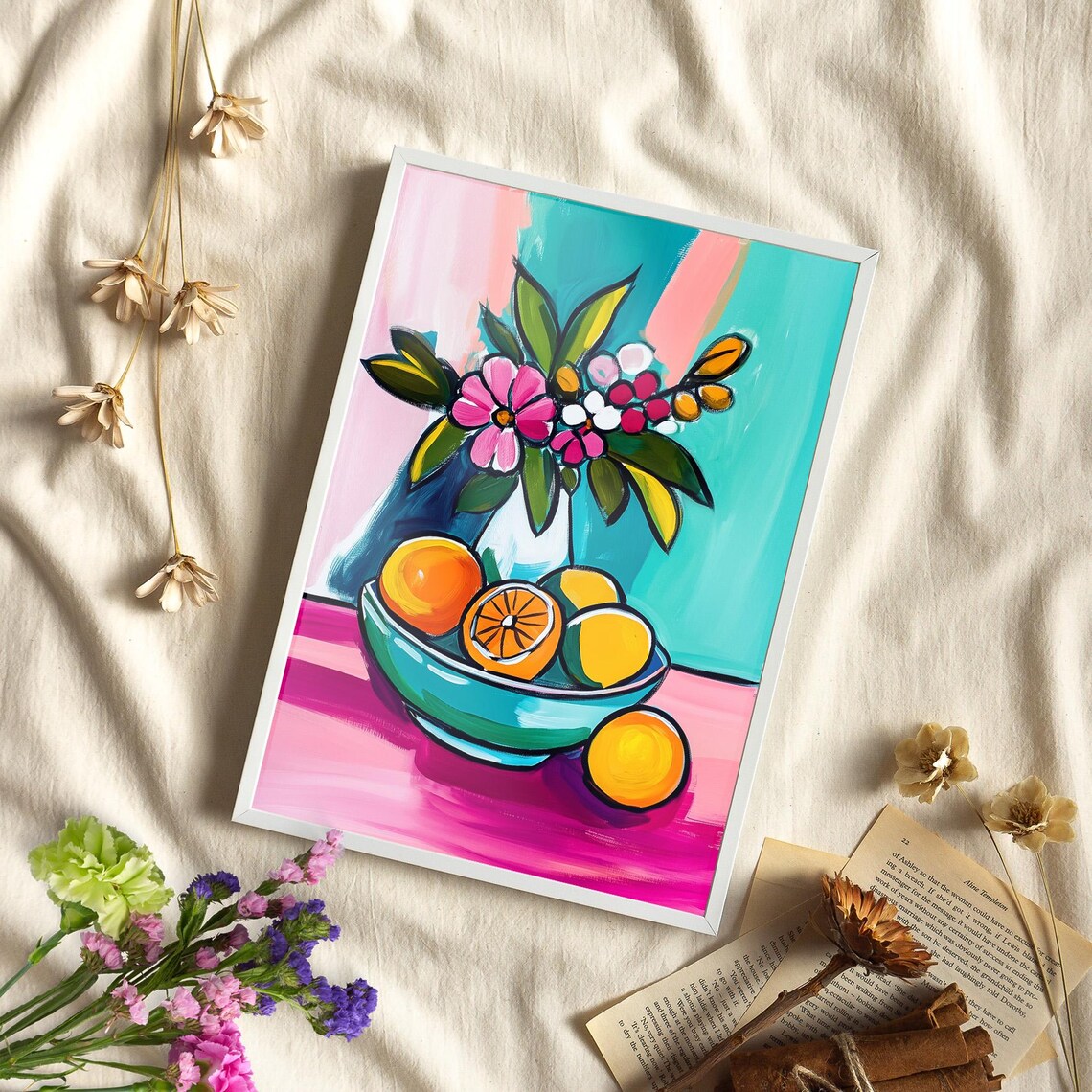 Colorful Citrus Fruit Bowl Still Life With Fresh Flowers Poster