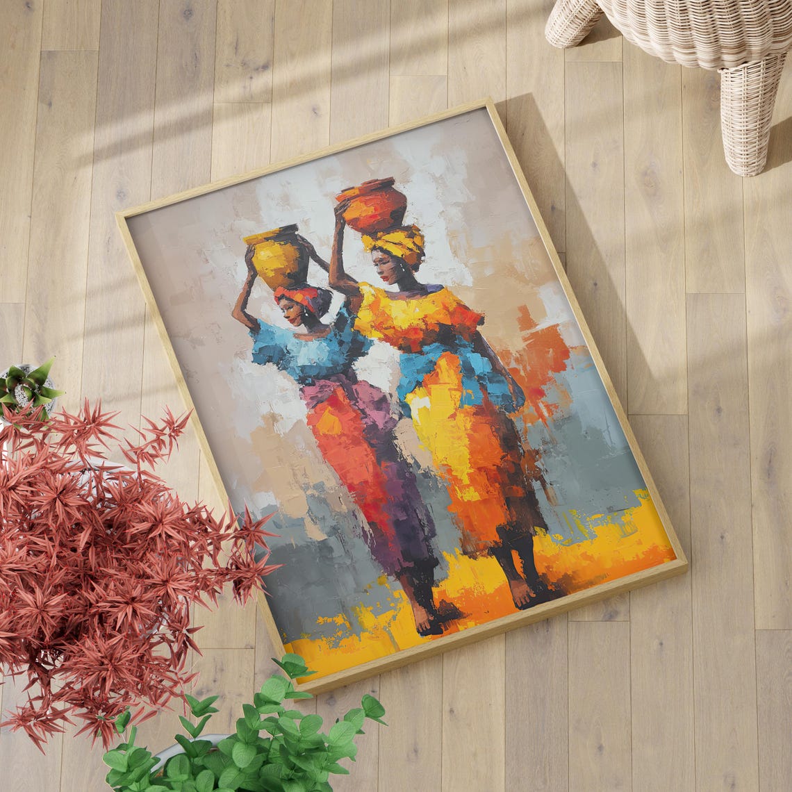 Abstract African Women Carrying Water Art Poster Or Canvas Print Bold Colors Oil Painting Style Afro Tribal Portrait Colorful