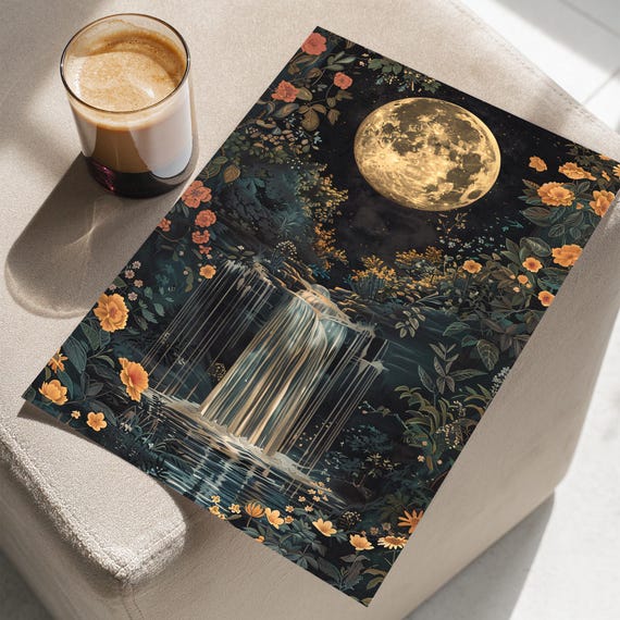Floral Golden Moon With Waterfall Watering Plants Art Poster Or Canvas Print Vintage Gothic Full And Flowers Eclipse Botanical