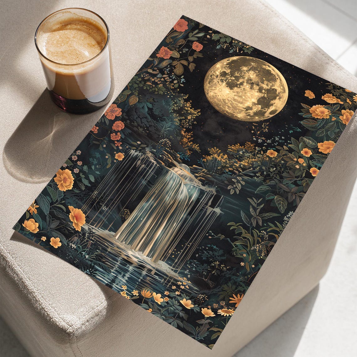 Golden Full Moon Over Moonlit Waterfall Gothic Floral Night Poster