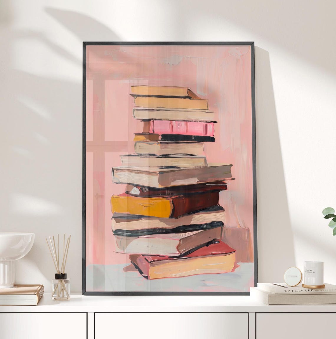 Stack Of Books Oil Painting In Soft Pink And Beige Tones Poster