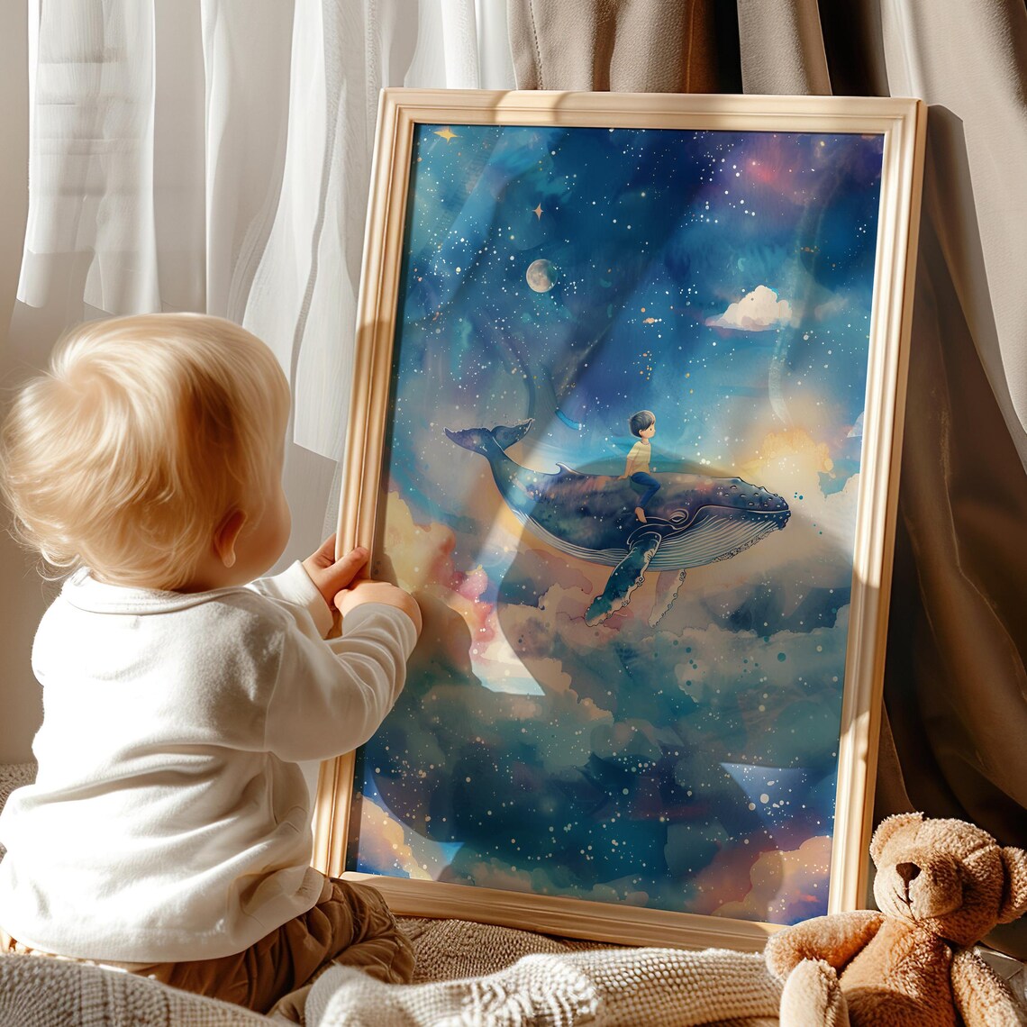 Boy Riding Whale Through Starry Sky Dreamy Watercolor Nursery Art Poster