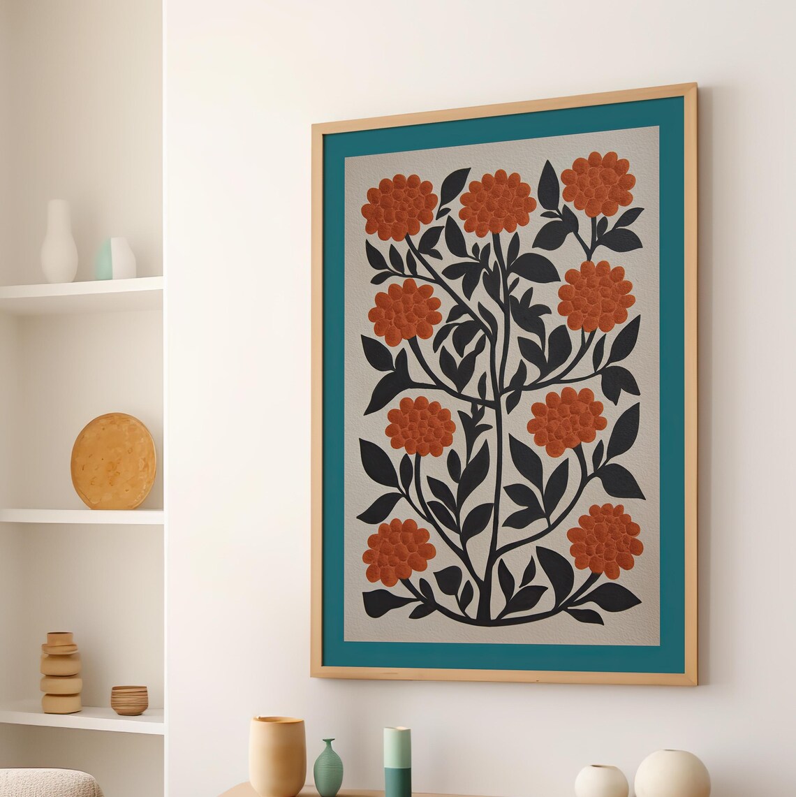 Retro Burnt Orange Flowers Mid Century Botanical Wall Poster