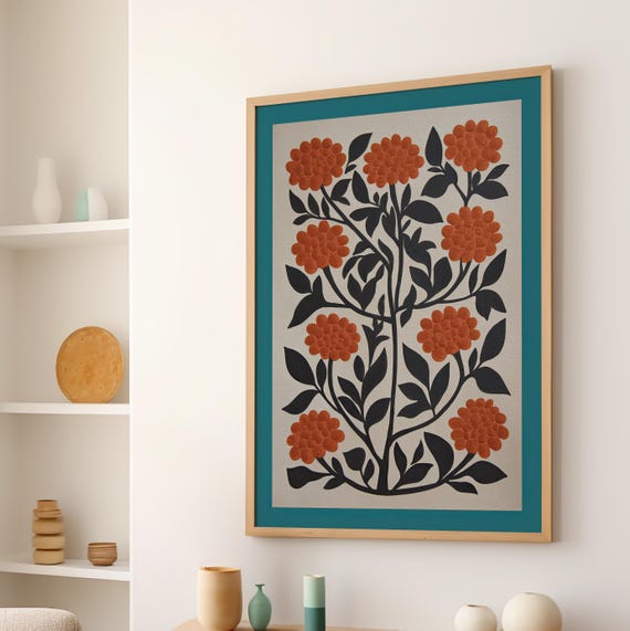 Retro Burnt Orange Flowers Botanical Wall Art Poster Or Canvas Print Abstract Floral Mid Century Modern Boho Vintage Home Decor