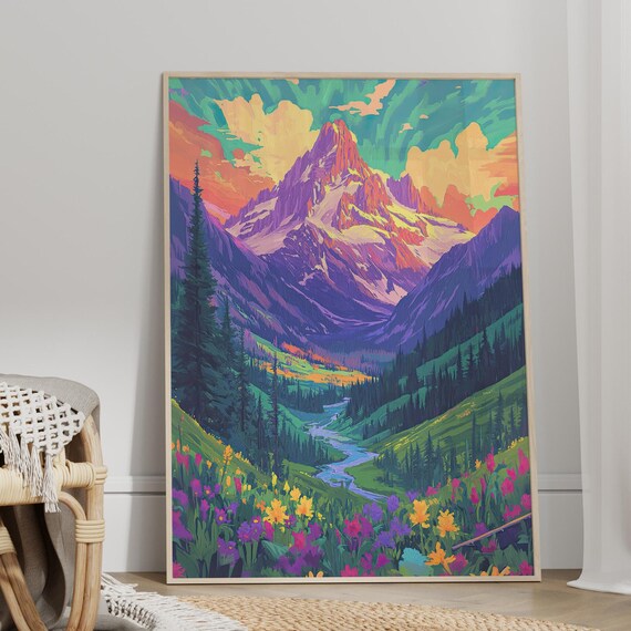 Vibrant High Mountains Psychedelic Style Illustration Poster Or Canvas Print Colorful Forest And Flowers Whimsical Nature Home Decor