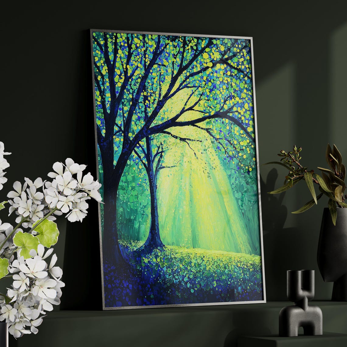 Sunlit Forest Trees Golden Light Through Leaves Painting Poster - Image 4