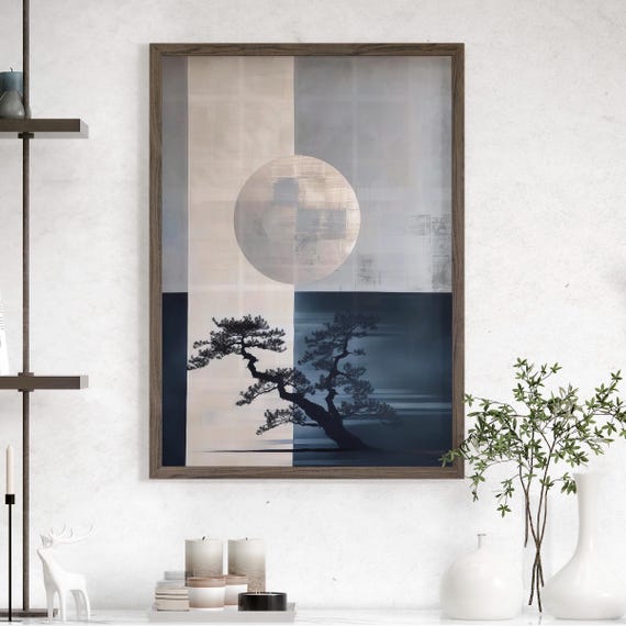 Moon Over Tree Japanese Abstract Geometric Wall Art Poster Or Canvas Print Japandi Decor Nature