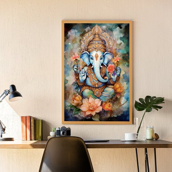 Calming And Peaceful Ganesha Illustration Or Canvas Hindu God Wall Art Godly Praying Room Decor Botanical Poster