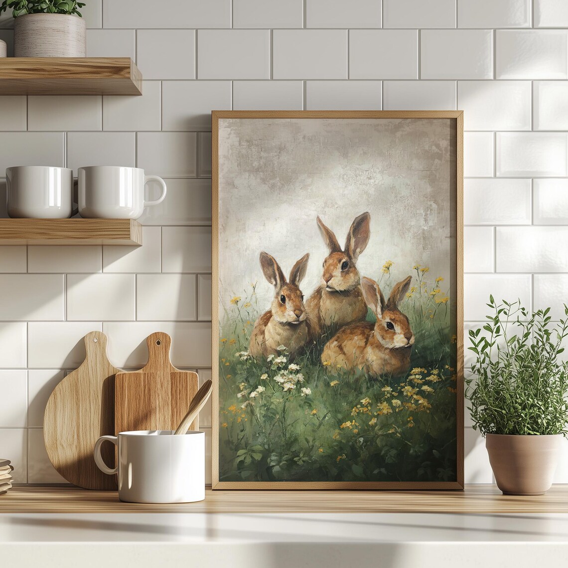 Three Brown Rabbits In Wildflower Field Vintage Oil Painting Poster