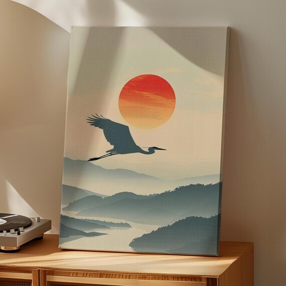 Flying Heron Sun Minimalist Wall Art Poster Or Canvas Print Nature Silhouette Bird Illustration Minimalism Boho Deco