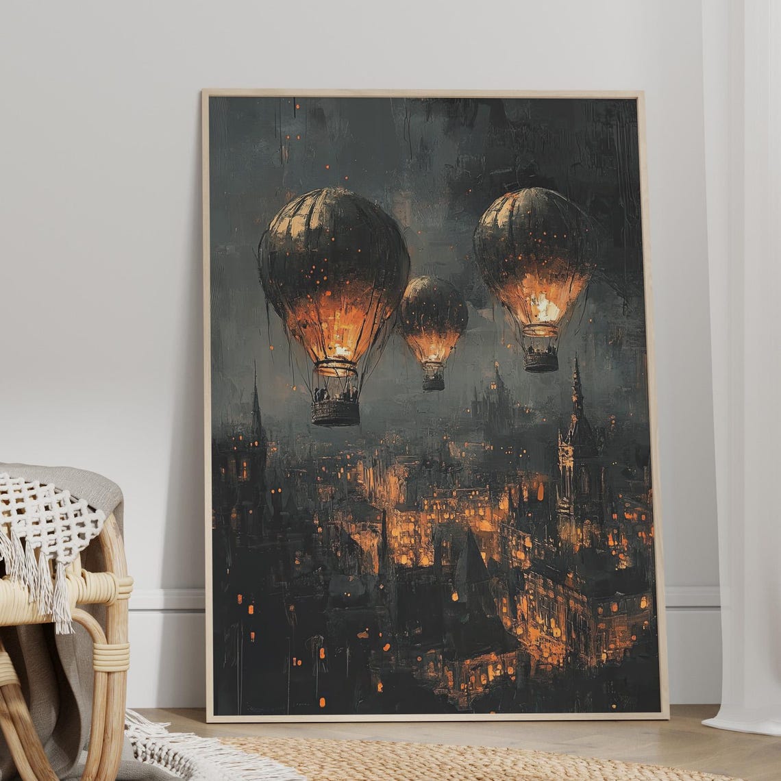 Glowing Hot Air Balloons Over Victorian Night City Art Poster