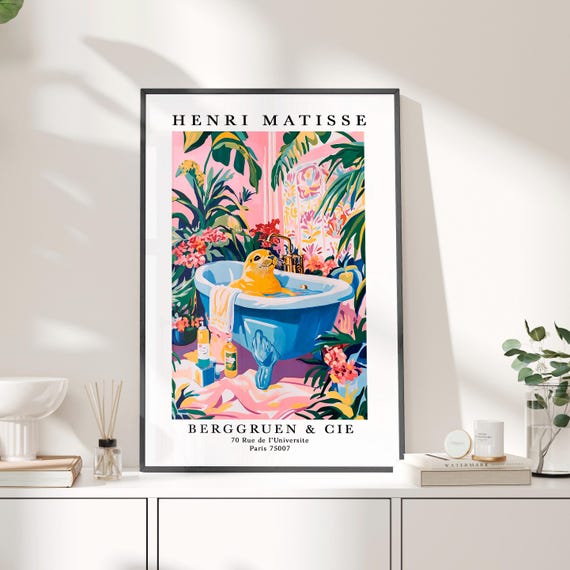 Seal In Bathtub Wall Art Poster Or Canvas Print Funny Bathroom Henri Matisse Artwork Maximalist Animal Decor Whimsy
