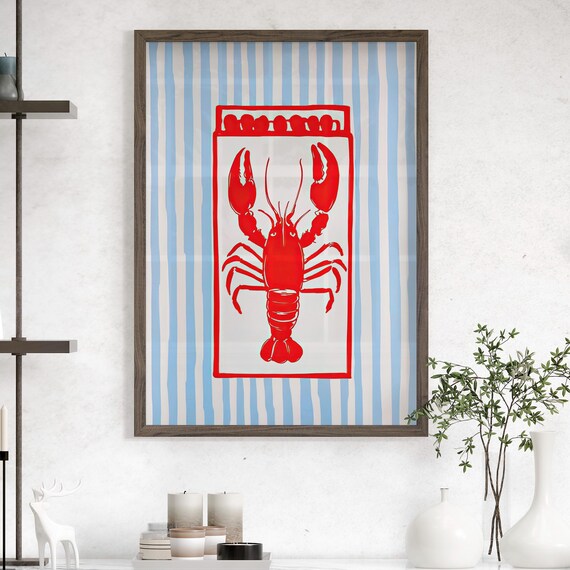 Matchbox Maine Lobster Hand Drawn Art Stripe Poster Or Canvas Print New Yorker Preppy Coastal Wall Retro Kitchen Decor